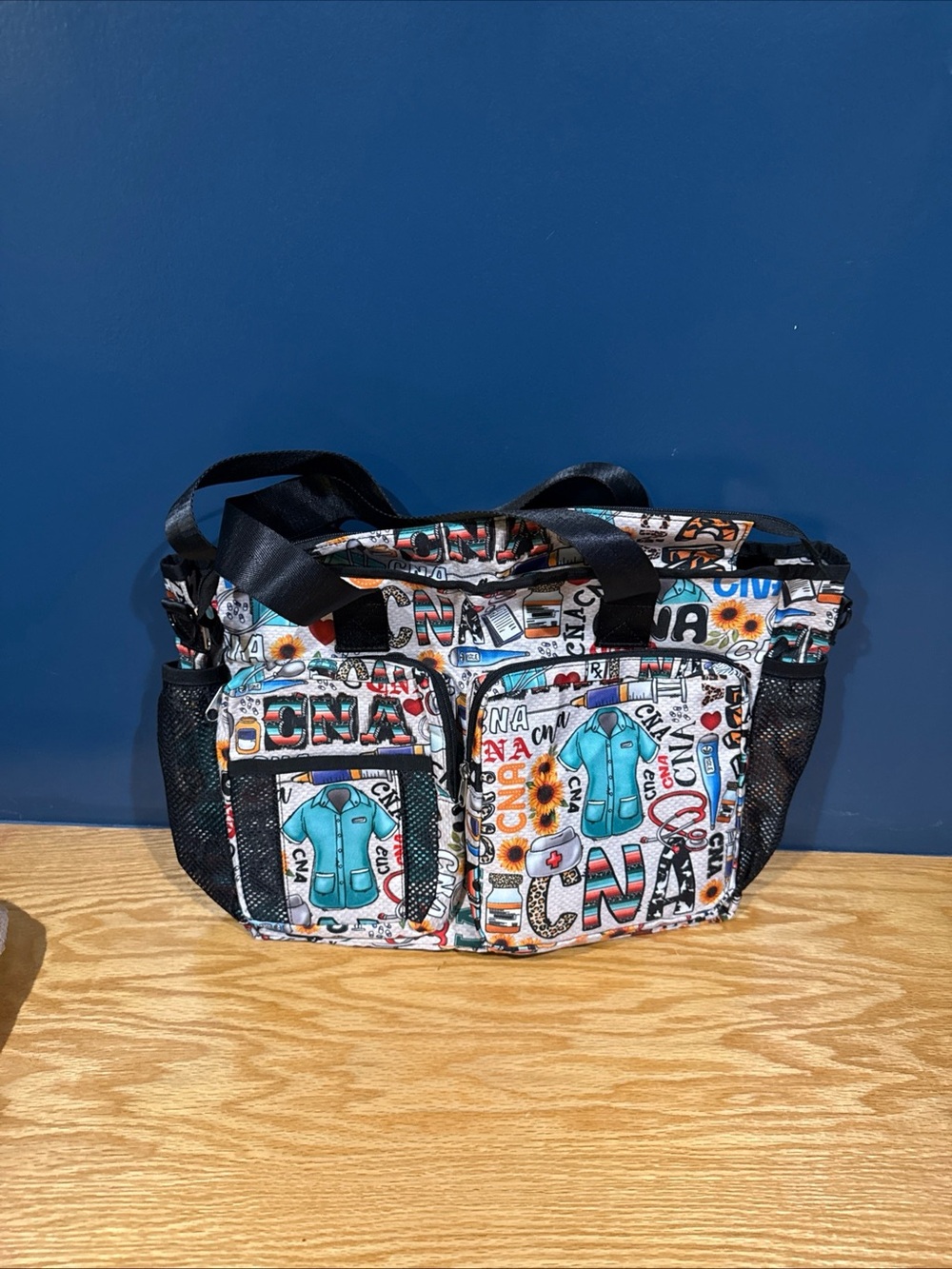 CNA Graphic Print White Canvas Tote Bag with Black Trim